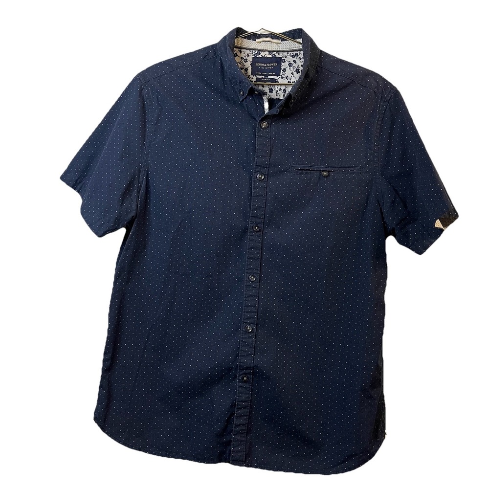 Denim & Flower Ricky Singh L Slim Fit Button-Up Navy Polka Dot Short Sleeve NWT